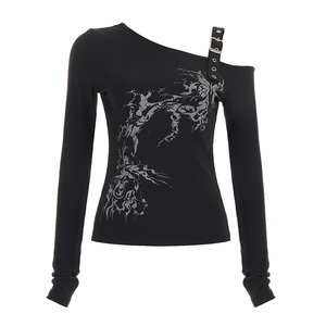 Retro Print Asymmetric <b>Off</b> <b>Shoulder</b> <b>Knit</b> <b>Top</b>, Long Sleeve Women's T Shirt, Y2K Vintage Casual Streetwear Fashion Style - Product Image 6