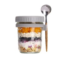 Pot en verre avec cuillère 350 ml – Récipient portable pour petit-déjeuner, tasse à yaourt avec cuillère pour flocons d'avoine, smoothies, flocons d'avoine de nuit, tasse à café