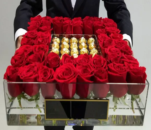 स्पष्ट वर्ग एक्रिलिक फूल बॉक्स गुलाब और चॉकलेट के लिए