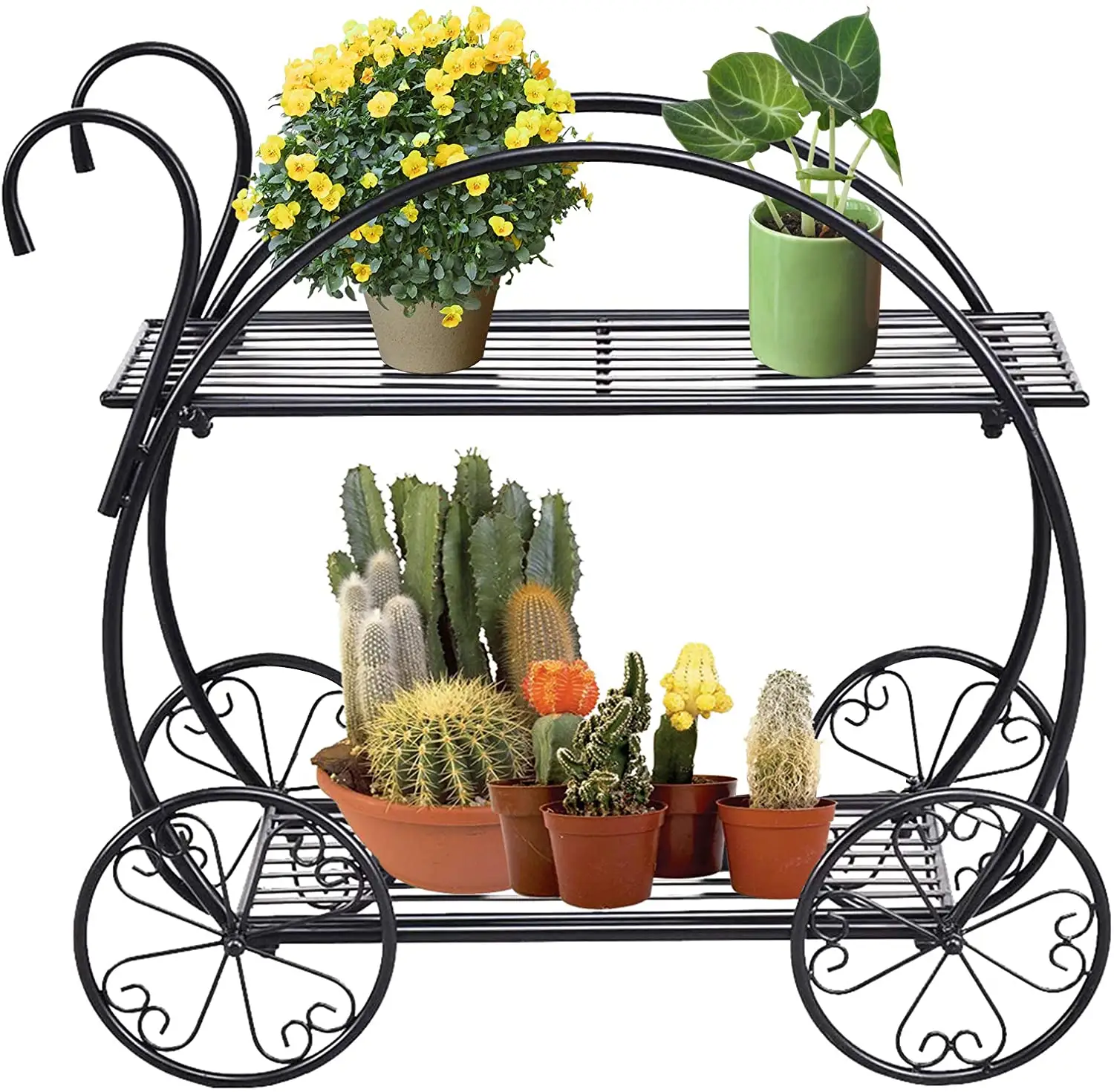 Metal Two-Tiered Garden Cart Metal Plant Stand Flower Pot Holder Display Shelf For Indoor Outdoor