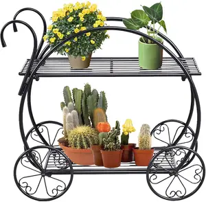 Metal Two-Tiered Garden Cart Metal Plant Stand, Flower Pot Holder Display Shelf for Indoor Outdoor