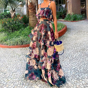 Nueva moda al por mayor mujeres 2 piezas conjunto <span class=keywords><strong>vestidos</strong></span> <span class=keywords><strong>playa</strong></span> vacaciones Floral impreso mujer ropa <span class=keywords><strong>fiesta</strong></span> Sexy largo Maxi falda vestido - Product Image 3