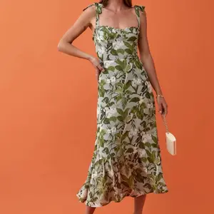 여자 꽃 새 프릴 프릴 묶여 스트랩 드레스 2021 여성 민소매 빈티지 휴일 달콤한 꽃 인쇄 드레스