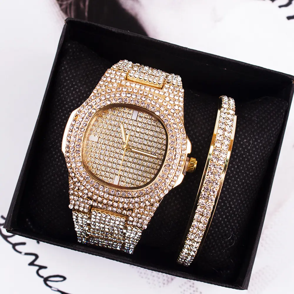 Wholesale Luxury Brand Diamond Ladies Rose Gold Plated Watch bracelet 2Pcs set ladies Iced Out watches Jewelry for Men Women