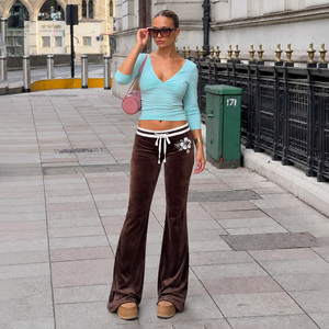 Pantalon évasé en velours pour femme, taille basse, cordon de serrage, coupe cloche, patchwork floral, style décontracté streetwear, idéal pour l'été, écoresponsable - Product Image 5