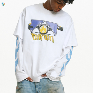 T-shirt blanc oversize à imprimé flamme bleue pour homme, motif dessin animé, double couche, manches longues - Product Image 2