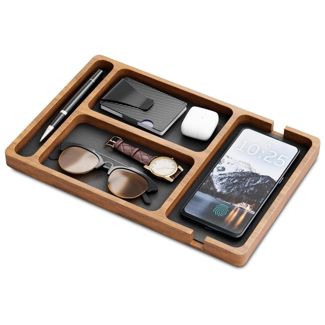 Brown Wood Valet Tray with Removable Leather Pad Country Style Multifunction EDC Organizer for Men's Nightstand Storage