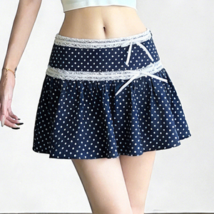 Falda midi coreana estilo dulce y femenino con encaje, patchwork, lazo azul marino y lunares, versátil, de cintura baja, línea A, falda corta que favorece la figura - Product Image 2