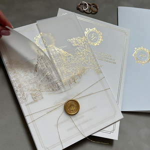 Carte d'invitations de mariage de luxe personnalisée avec veste en papier vélin Castle <span class=keywords><strong>Leslie</strong></span> en feuille d'or - Product Image 2