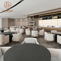 Ensemble de mobilier moderne pour café, restaurant, deux tables rondes en bois et quatre chaises en cuir blanc, canapé en tissu