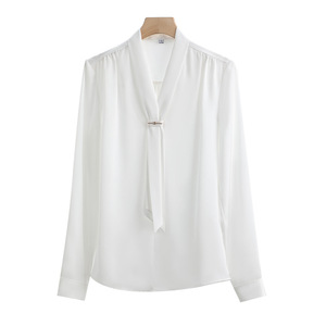 Women's White Chiffon Blouse Solid Color Wrap And Tie Long Sleeve Work Shirt Professional Office Top Autumn Winter - Product Image 5