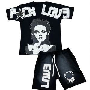 Ensemble décontracté deux pièces pour homme automne, survêtement personnalisé délavé à l'acide, short court et t-shirt en tissu éponge 100% coton avec impression sérigraphiée - Product Image 1