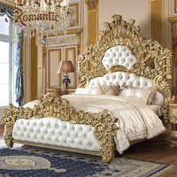 Lit King Size de Luxe au Design Français Classique, Cadre de Lit Élégant en Bois Massif Sculpté Doré, Taille Queen