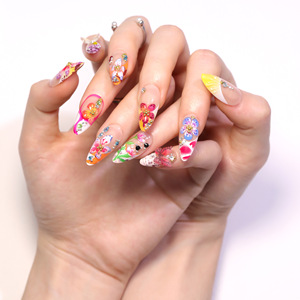 24 pièces en gros, ongles en acrylique 3D semi-faits à la main à presser pour les doigts, motif fleur tropicale, forme amande, perle, carré, pour salon de manucure - Product Image 1