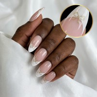 Faux Ongles de Luxe en Gros, Forme Amande, Motif Nœud Doré Pailleté, Ongles Artificiels à Marque Privée