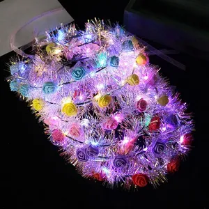 LED çiçek taç peri 14LEDs yanar saç çelenk çiçek başlığı parlayan Garland parti düğün taç çiçek kafa bandı