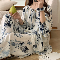 Nieuwe dames lange mouwen ronde hals elastische taille lange broek zijden blouse slaapset 2 antibacterieel ademend huidvriendelijk