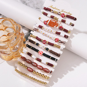 Fashion <b>Beaded</b> <b>Bracelet</b> Set Red White Gold Football Theme Unisex Gift Jewelry - Product Image 3