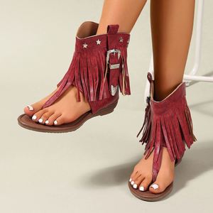 Sandalias Planas con Borlas y Punta Abierta para Mujer, Tallas Grandes, Estilo Romano Occidental, Suela Suave, Ligeras, Combinables con Todo, para Uso Diario - Product Image 4