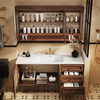 Meuble-lavabo mural de luxe moderne personnalisable en bois massif résistant à l'eau pour hôtel et villa avec miroir LED intelligent et armoire à pharmacie