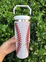 Gobelet isotherme de bureau en acier inoxydable de 30 oz, anti-fuite, orné de strass, inspiré du baseball, avec paille, grande capacité, réutilisable