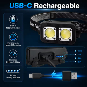 ไฟฉายคาดศีรษะแบบ COB LED พร้อมเซ็นเซอร์ตรวจจับความเคลื่อนไหว ไฟเสริมสีแดง ชาร์จซ้ำได้ มาตรฐานกันน้ำ IPX4 สำหรับกิจกรรมกลางแจ้ง ตั้งแคมป์ เดินป่า และทำงาน - Product Image 3