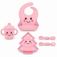 Ensemble de vaisselle en silicone pour dîner, arbre de Noël rose dessin animé, kit complet de vaisselle, boîte cadeau pour les fêtes de Noël