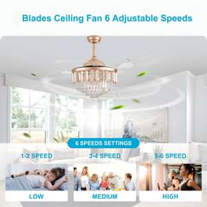 Ventilateur de plafond LED de luxe 42 pouces à moteur DC réversible, design européen, télécommande, cristaux invisibles rétractables, 3 éclairages modifiables, 6 vitesses - Product Image 2