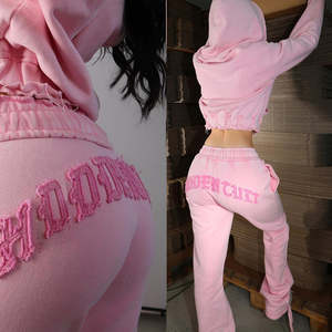 Ensemble Survetement et <span class=keywords><strong>Sweat</strong></span> à Capuche Court Zippé <span class=keywords><strong>Femme</strong></span>, 2 Pièces, Brodé, Délavé, Logo Personnalisé, Style Sport Urbain - Product Image 2