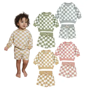 Fast Delivery Plaid Print Long Sleeve Children 2pcs Top And Short Set Baby Girls Clothing Set Baby Clothes Supplier