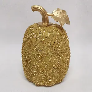 Customized battery operated led light up hand painted sparkle gold glitter blown glass small halloween pumpkin decor for sale