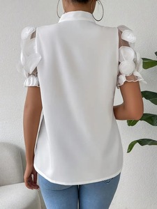 Blusas para Mujer Tallas S-2XL, Blusa Moderna <span class=keywords><strong>con</strong></span> Cuello Redondo y Parches de Malla, Manga Corta <span class=keywords><strong>con</strong></span> Lazo en el Cuello, Tops de Manga Corta, Camisetas - Product Image 5