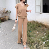 Ensemble deux pièces élégant pour femme, coupe ample, hiver, pantalon et pull en tricot décontractés avec finition délavée