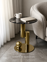 Table d'appoint ronde en pierre microcristalline noire avec piétement en acier inoxydable doré et accent sphérique pour hôtel, salon, OEM