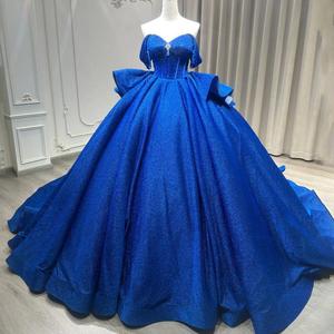 Royal Blue Off The Shoulder Ball Gown Empire Waist Beaded Evening Dress For Women - Product Image 1