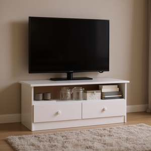 Mobile TV in Legno di Pino Bianco con 2 Cassetti e 1 Ripiano, Arredamento per Soggiorno, Design Scandinavo, Stile Moderno - Product Image 2