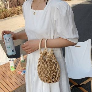 Ethnic Style Wooden Ring Handle Straw Bag Women Net <b>Mini</b> Clutch Tote Handmade Woven Cotton Rope Hollow Summer Vacation Beach Bag - Product Image 4