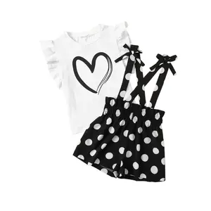 女童学步服装4-6岁服装白色棉t恤黑色圆点吊带裤套装独特婴儿服装