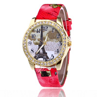 Montre analogique à quartz pour femme, style vintage, tour Eiffel de Paris, avec fleur, boîtier en alliage, verre en cristal et bracelet en cuir