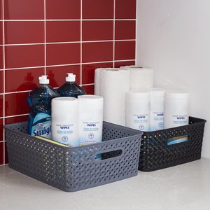 Plastic Storage Baskets Stackable and Strong Decorative Woven Plastic Containers with Handles Weaving Organizing Basket