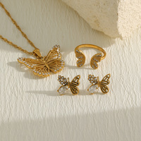 Parure bijoux femme papillon zircon, ensemble collier bague boucle oreille acier inoxydable plaqué or 18K