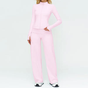 Completo due pezzi da donna: giacca slim fit con cerniera <span class=keywords><strong>e</strong></span> fori per i pollici, <span class=keywords><strong>pantaloni</strong></span> a zampa larghi, tuta yoga, tinta unita con logo frontale, elasticizzata <span class=keywords><strong>e</strong></span> adatta per l'attività fisica - Product Image 4