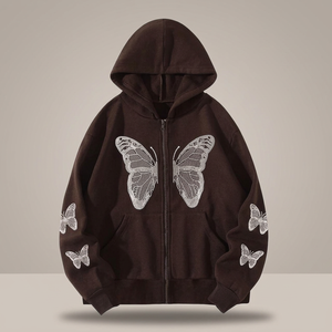 High Quality Cotton Women's Hoodie Embroidered <b>Butterfly</b> Zip-Up Terry Hooded Jacket Winter Acid Wash Eco-Friendly Sublimated - Product Image 3