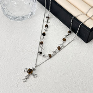 Двойная цепочка из родия белого K золота медное ожерелье крест кулон белый кубический цирконий бриллиант коричневый тигровый глаз ожерелье - Product Image 2