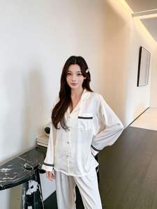 Conjunto de Pijama de Seda Helada para Mujer, Negro, Casual, para Descansar, con Cintura Elástica, Manga Larga, Cárdigan, Ropa de Dormir, Lujo Ligero, con Brillo y Estampado Animal - Product Image 2