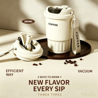 Tasse à café isotherme en acier inoxydable à double paroi de 380 ml avec double couvercle, gobelet de voyage portable avec cordon, mug à café isolé pour voiture