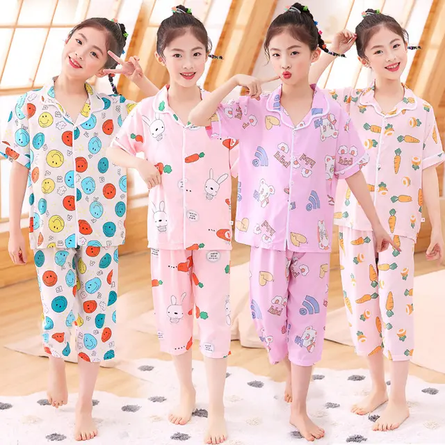 Children summer new teenager cotton silk pajamas suit boys and girls thin short sleeves cropped trousers cool pajamas