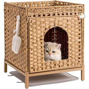<b>Cat</b> Litter <b>Box</b> Enclosure X-Large Hand-Woven With Metal Stand Square Rattan Color Easy To Clean Including Rubber Mat - Product Image 1