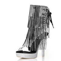 Bottines noires sexy à bout ouvert avec pompons, talons de danse exotique 13 cm (5 pouces), plateforme, talon aiguille fin, chaussures gothiques de scène fétichistes