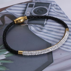 European American Fashion 3Mm Rhinestone <b>Leather</b> Braided Magnetic Stainless Steel <b>Bracelet</b> For Women Gift Jewelry - Product Image 3